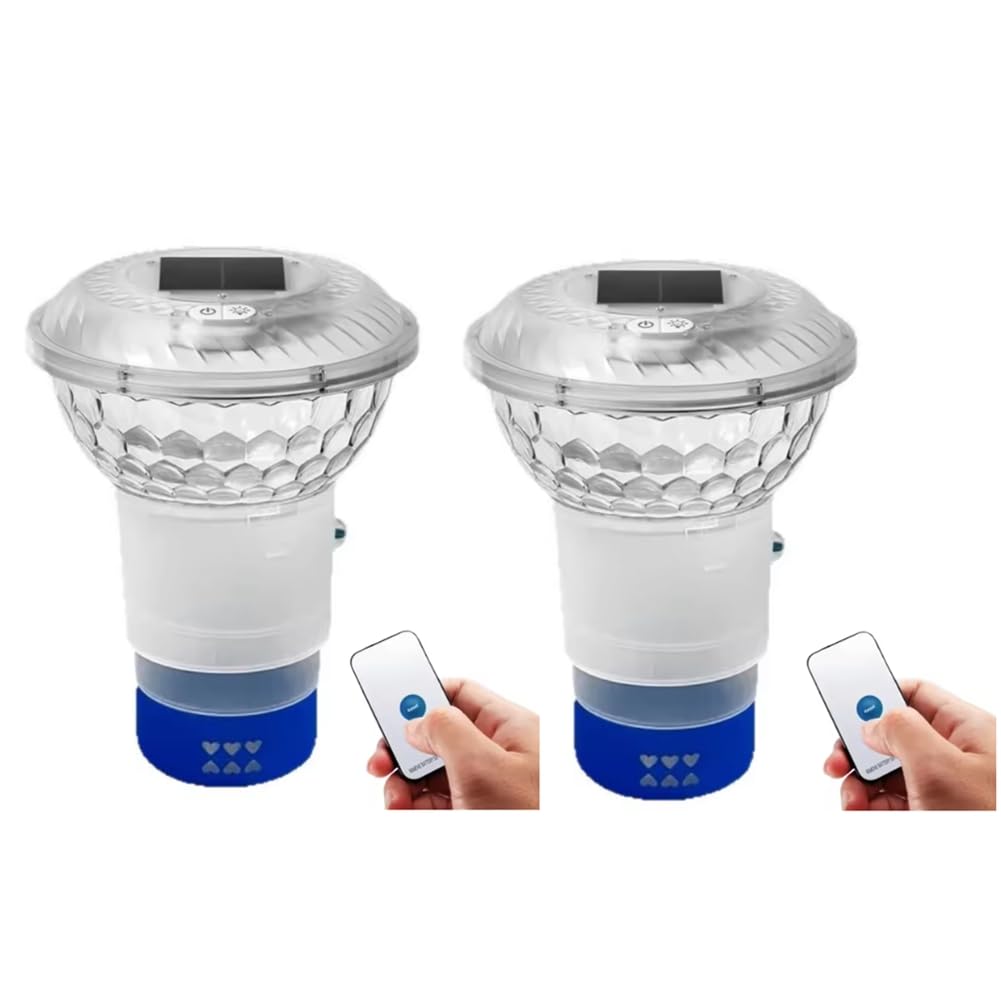 Aundhegrtt 2PCS Pool Chlorine Floater Solar Light with Remote Control RGB LED Floating Dispenser for Swimming Pools