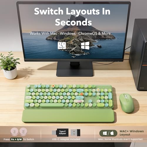 Wireless Keyboard and Mouse Combo, Cute Retro Typewriter Keyboard with Round Keycaps and Magnetic Wrist Rest, Full-Size 2.4GHz Cordless for Mac, Windows PC, Laptop, SABLUTE CK23, Green Multi-Color by SABLUTE - Image 9