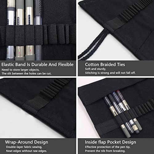 Image of Yitexin 72 Slots Canvas Pencil Roll Wrap, Handmade Roll-Up Pencil Case Pouch Fabric, Large Capacity Pencil Case Holder Organizer for Artists Painting, Sketchers(Black)