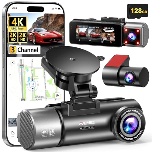 4K+2K+2K 3 Channel Dash Cam Front and Rear, 128GB Card Included, Dash Camera for Cars 5.8G/2.4G Dual Wifi, Built-in GPS, Night Vision, WDR, 170°Wide Angle, G-Sensor Emergency Lock, 24H Parking Monitor