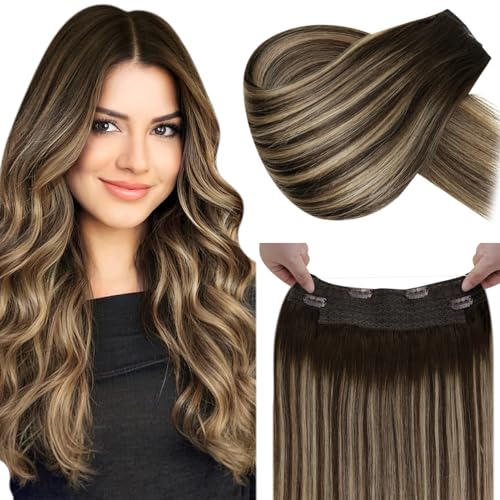 LaaVoo Hilo Hair Extensions Human Hair 80g 16 Pulgadas/40cm Wire Hair Extension Balayage Marrón Oscuro a Rubio Gris y Marrón Oscuro Hilo Extensiones Trama Doble #4T18P4