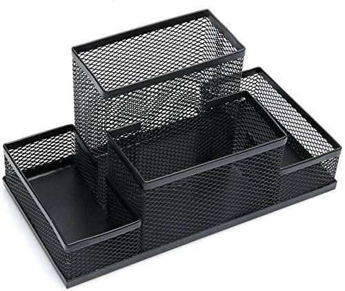 PAVITYAKSH Metal Mesh Desk Organizer with 4 Compartment Storage Black Cube Metal Book Stand Mesh Style Desk Tidy Pencil Metal Pen Holder