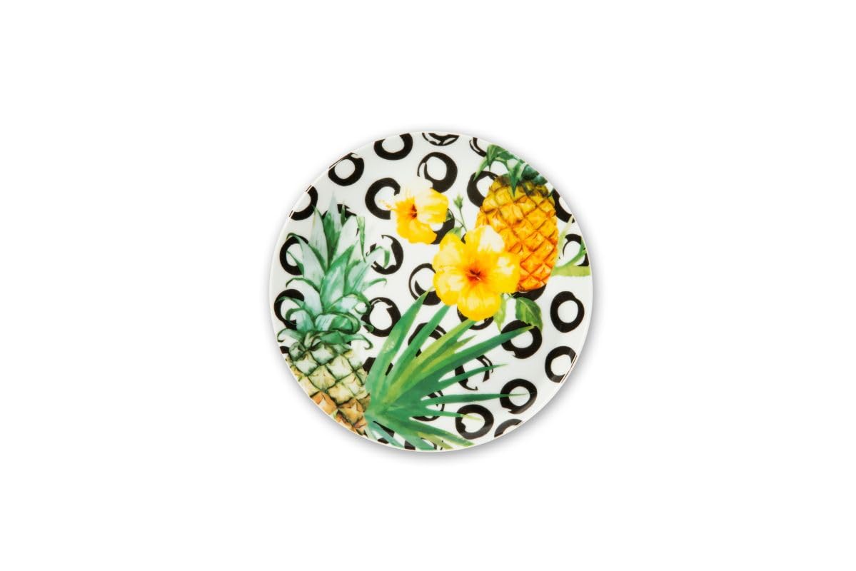 Excelsa Tropical Chic Set 6 Piattini in Porcellana per Aperitivo e Dessert, Decorazioni Tropicali