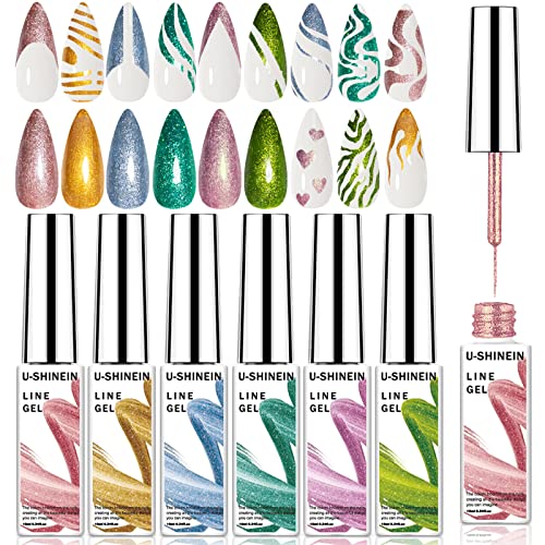 U-Shinein 6 Colors Painted Gel Nail Polish, Glitter Liner Art Gel Polish Painting Line Pen Gel Matrix Nails Spider Gel Painting Nails Gel Liner Pulling LED/UV Soak off DIY Nail Art Manicure