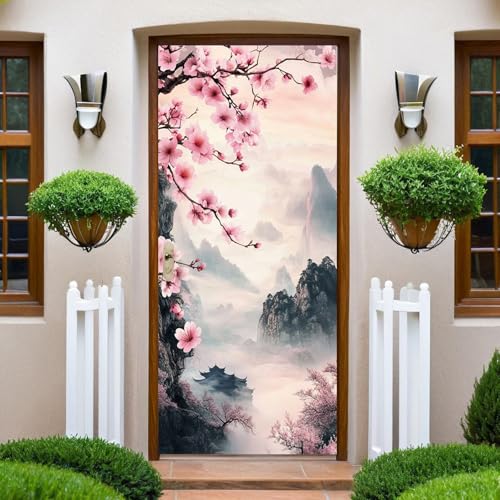 Peinture À L'Encre Autocollant Porte fleurs de cerisier roses Stickers de Porte 73x204 cm PVC Auto-Adhésif Imperméable Trompe L'oeil Papier Peint Muraux...