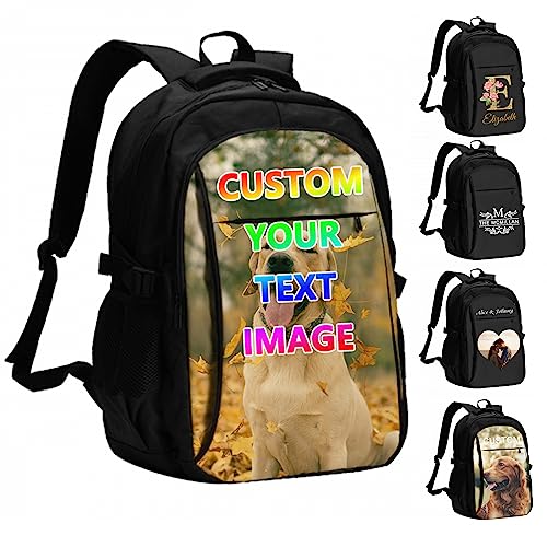 Custom Travel Laptop Backpack Personalized Name bags with Photo Customized Computer USB Bags for Women Men Black
