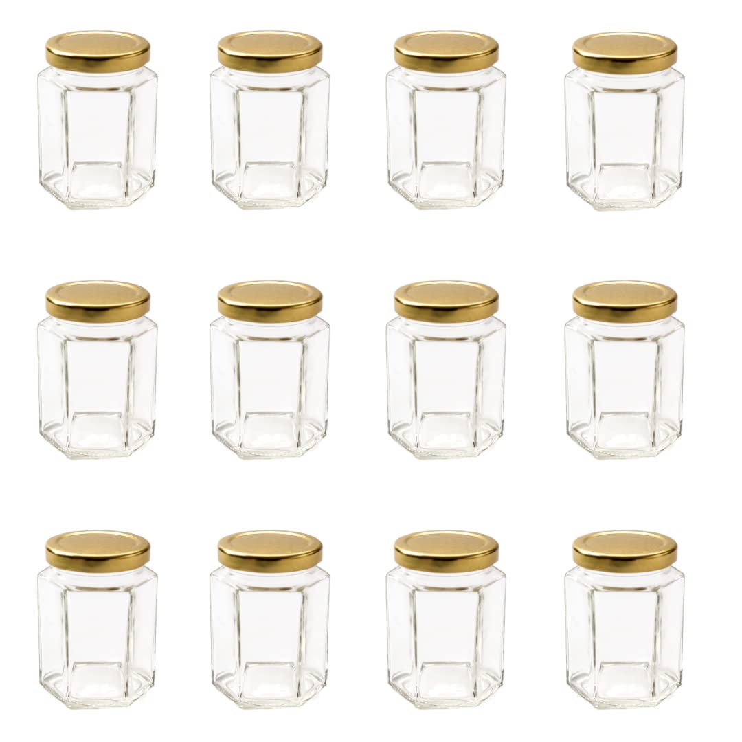 Nutley's 8oz 190ml Hexagonal Jam Jar with Screw-Top Lid - Gold (Pack of 12)