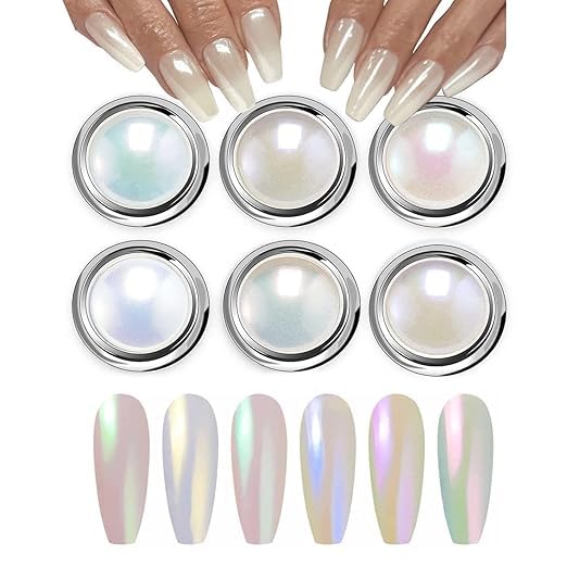 chrome powder, Chrome Nail powder, 6 - Colors White Pearl Chrome Nail Set, Metallic Nail Powder Mirror Effect White Chrome Powder Iridescent Nails Manicure Pigment-image-28