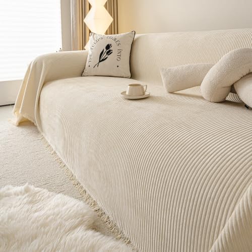 VanderHOME Plaid Cama, Manta Reversible de Chenilla para Sofá, Gruesa y Resistente, Antirrayaduras para Mascotas, Funda Decorativa con Rayas Coloridas y Flecos 180 * 280cm-Beige