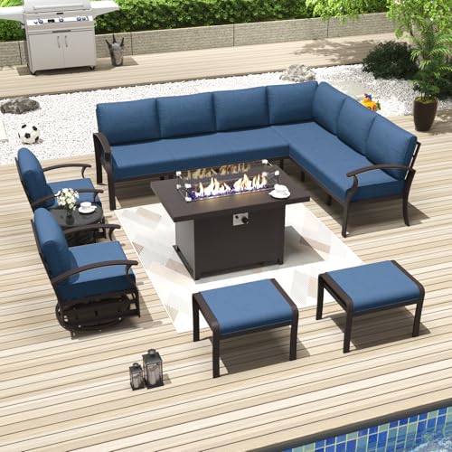 Kurapika Patio Furniture Set 10-Piece Aluminum Sectional Sofa with Armrest, Modern Outdoor Conversation Set w/55000 BTU Propane Fire Pit Table, Metal Corner Sofa with Ottoman, Navy Blue