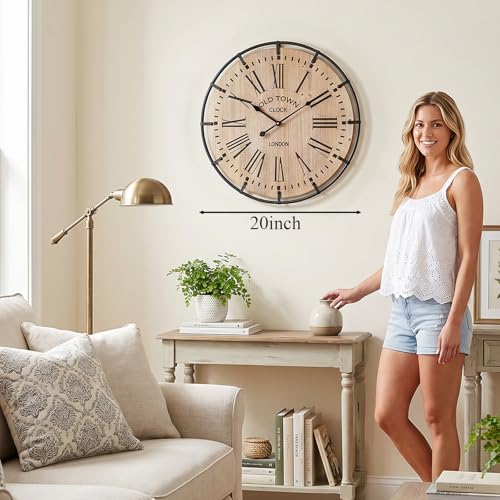Image of EMAX HOME 20 Inch Large Farmhouse Wall Clock, Light Wood Grain Face with Black Metal Frame, Silent Non-Ticking Quartz Movement, Easy-to-Read Roman Numerals, for Living Room, Bedroom, Kitchen.