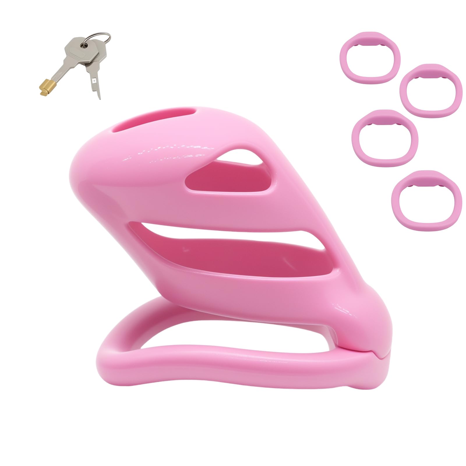 Chastity Device Cock Cage with 4 Different Arc Rings 3D Printed Chastity Cage with Invisible Small Lock Male Sex Toys Lightweight Resin Chastity Device for Restraining a Man's Penis (L,Pink)