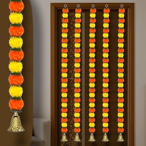 iHandikart Artificial Marigold Garland for Home Door Decoration,|Pack of 5, 57 Inch | Green Folded patta Garlands for House Warming, Elite for Door toran, wall hangings & Festival Celebrtion itme.