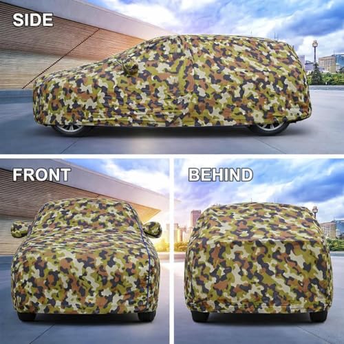 Image of Waterproof Car Body Cover for Maruti Suzuki Brezza with Mirror Pocket| Cotton Inner Lining | Triple Stitched | All Weather Protection | Dust, UV & Rain Proof (Camouflage with Blue Piping)