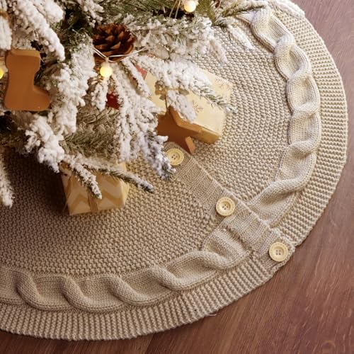 LimBridge Knitted Christmas Tree Skirt: 36 Inches Beige Tree Skirt, Braided Cable Knit Thick Rustic Christmas Tree Decorations, Farmhouse Christmas Decor Xmas Holiday Home Party Decorations