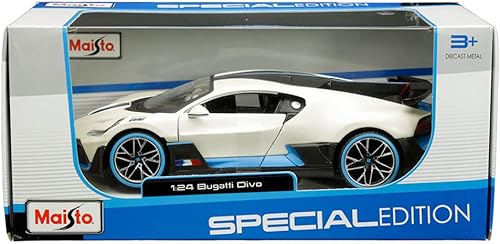 Toy Cars Bugatti Divo Satinado Blanco Metálico con Carbono y Acentos Azules Edición Especial 1/24 Diecast Model Car 31526