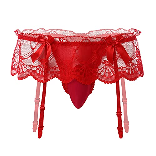 ABAFIP Men's Frilly Skirted Sissy Lace Thongs Panties Low Waist G-string Garter Belt Crossdressing Lingerie Underpants2
