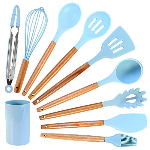 Set di Utensili da Cucina in Silicone, Set di Utensili da Cucina 10Pcs con Supporto, Pentole Antiaderenti, Gadget da Cucina Resistenti al Calore Regalo Utensile, Azzurro