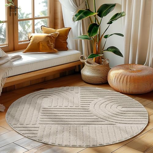 LIVUM Tapis Rond Salon, Chambre, Moderne et Design en Relief, Doux et Confortable (Beige, 80cm Rond)