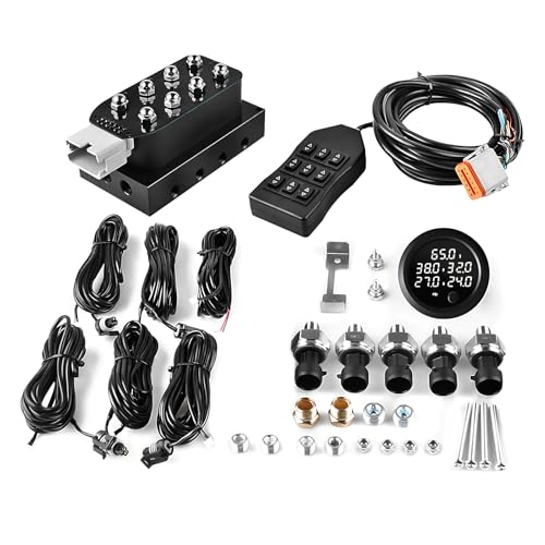 12V Solenoid Valve Air Ride Suspension manifold 8-Valve With 5M 9-switch Wired Remote Controller, equipped with five display air pressure gauge white