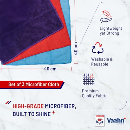 Image of HP Vaahn Microfiber Cloth for Car- 3 pcs - 40x40 cms - 350 GSM | Ultra Absorbent, Lint-Free Cleaning & Drying Towel | High-Density, Reusable & Eco-Friendly | Microfibre Towels for Car Bike Cleaning