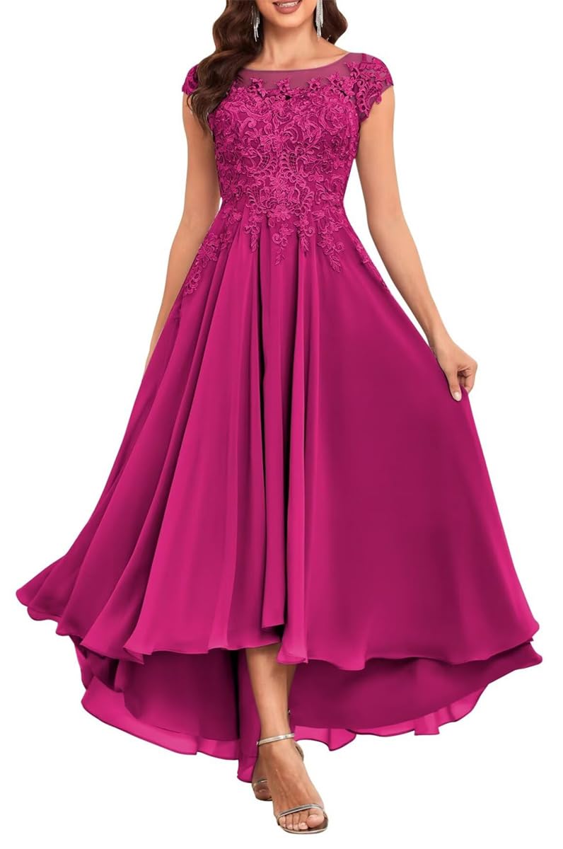 KURFACE Hot Pink Mother of The Bride Dresses for Wedding Lace Tea Length Petite Wedding Guest Formal Dress with Pockets UK14