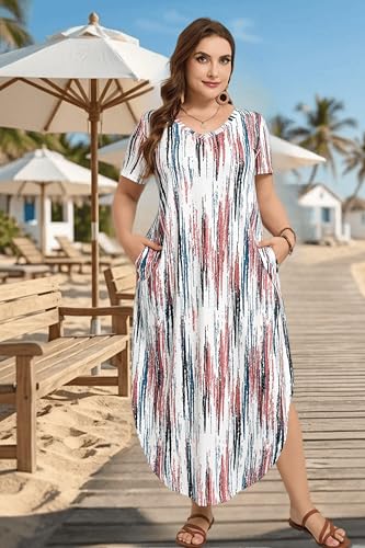 Image of Women's Plus Size Maxi Dresses V Neck Casual Short Sleeve Loose Pocket Slits Long Dress XL-5XL