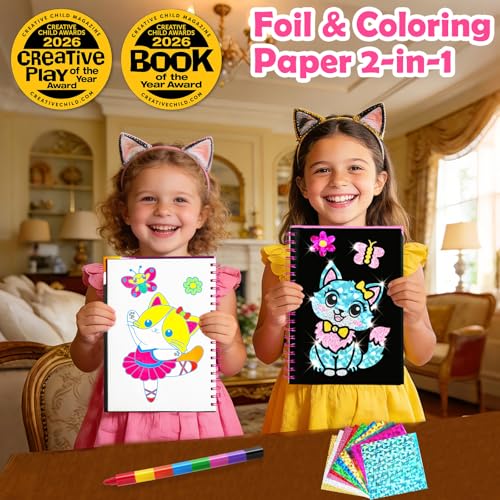Image of FUNNYB&G Foil Art Craft Kit for Girls 4-10 Years Old: Mess-Free & No-Glue, Create 16 Sparkly Cute Little Cat Pictures - Perfect Travel Toy & Birthday Gift for Kids (Little Cat)