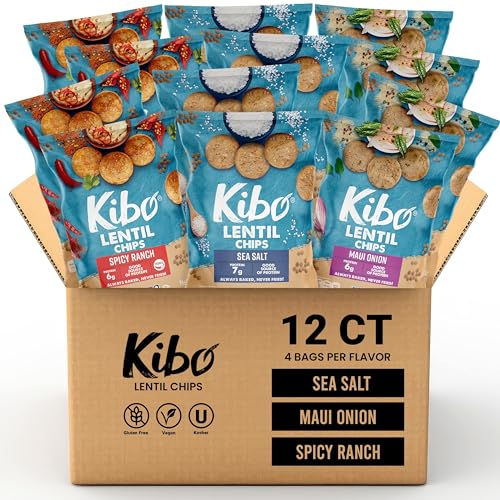 Kibo Lentil Chips Variety Pack – Gluten-Free Vegan Chips – Non-GMO Verified – Plant-Based 28 grams – Maui Onion, Sea Salt, and Spicy Ranch – 12 pack