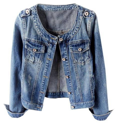 Kedera Women's Denim Jacket Button Down Collarless Long Sleeve