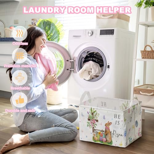 Image of Eggs Rabbit Easter Basket, Butterfly Bow Baby Gift Basket, Cross Flower Empty Toy Nursery Bin, Large Squarecanvas Laundry Hamper With A Waterproof PECoating, Foldable girlsToy Clothes Bins for Bedroom