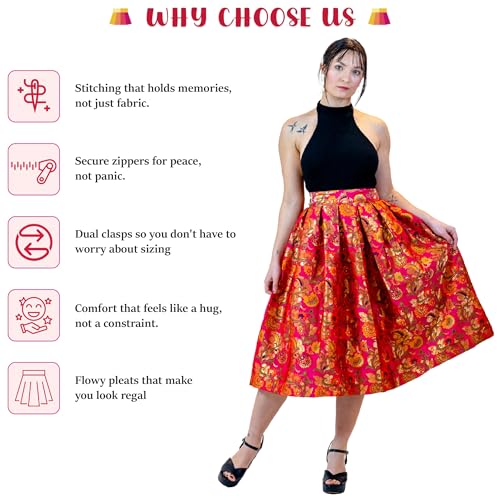 Box Pleated Circle Skirt- Vintage Floral A Line Hawaiian Print Skirt - High Waisted Midi Skirt with Pocket4
