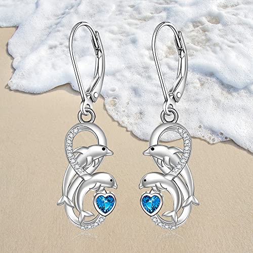 Dolphin Earrings for Women Sterling Silver Infinity Summer Dolphins Dangle Earrings Blue Heart Cute Ocean Animal Nautical Jewelry Christmas Gift 6