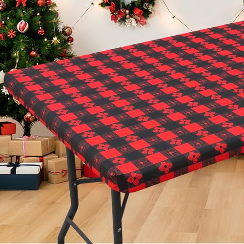 Spotjoy Rectangle Picnic Table Cloth, Waterproof Elastic Fitted Outdoor Table Covers for 6 Foot Tables, Flannel Backed Plastic Vinyl Tablecloths for Camping and Indoor (30"x72", Black & Red)
