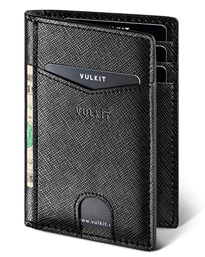 VULKIT Cartera Tarjetero Minimalista Hombre RFID Bloqueo Delgado Tarjeteros para Tarjetas de Credito Cuero con 10 Compartimentos para Tarjetas y Billetes - Negro Cruz