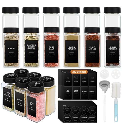 Mozvvco Botes Especias Cristal - 12pcs Tarros Especias - Cuadrado Botes para Especias con Tapa - 120ml Frascos Especiarias incluir Embudo, Tamiz, Cepillo Limpieza, Etiquetas y Bolígrafo