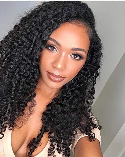 Black Curly Lace Front Synthetic Wig for Women, 18 inch Kinky Afro Middle Part Wigs Half Hand Tied Hairline Natural Color (18 inch, 1B)