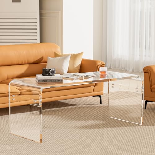 VDGPWA Premium Need Assembly 32 Acrylic Coffee Table Clear Lucite Coffee Table for Living Room Rectangle Plexiglass Center Waterfall Table Supports 180 LBS 32x16x16 0.6 Thick Fit for 2 Seat Sofa