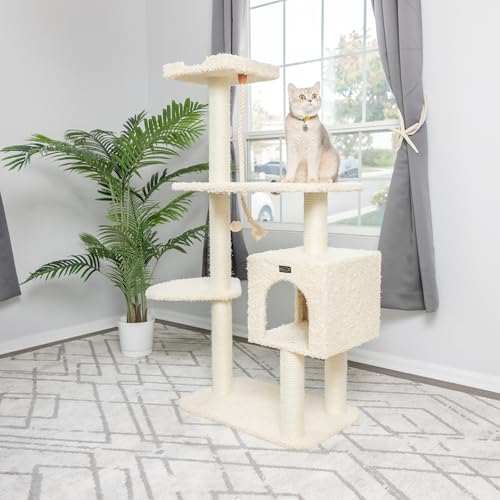 Mueble rascador para gatos de madera y peluche beige 57" miniatura 4