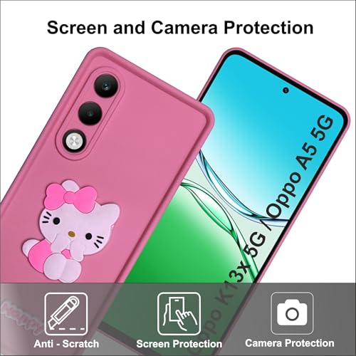 Image of Silicone Back Cover Case for Oppo K13x 5G / Oppo A5 5G | Cute Fun 3D Happy Kitty Design Silicone Case | Camera Protection Bump | Shockproof Back Cover Case for Oppo K13x (Pink)