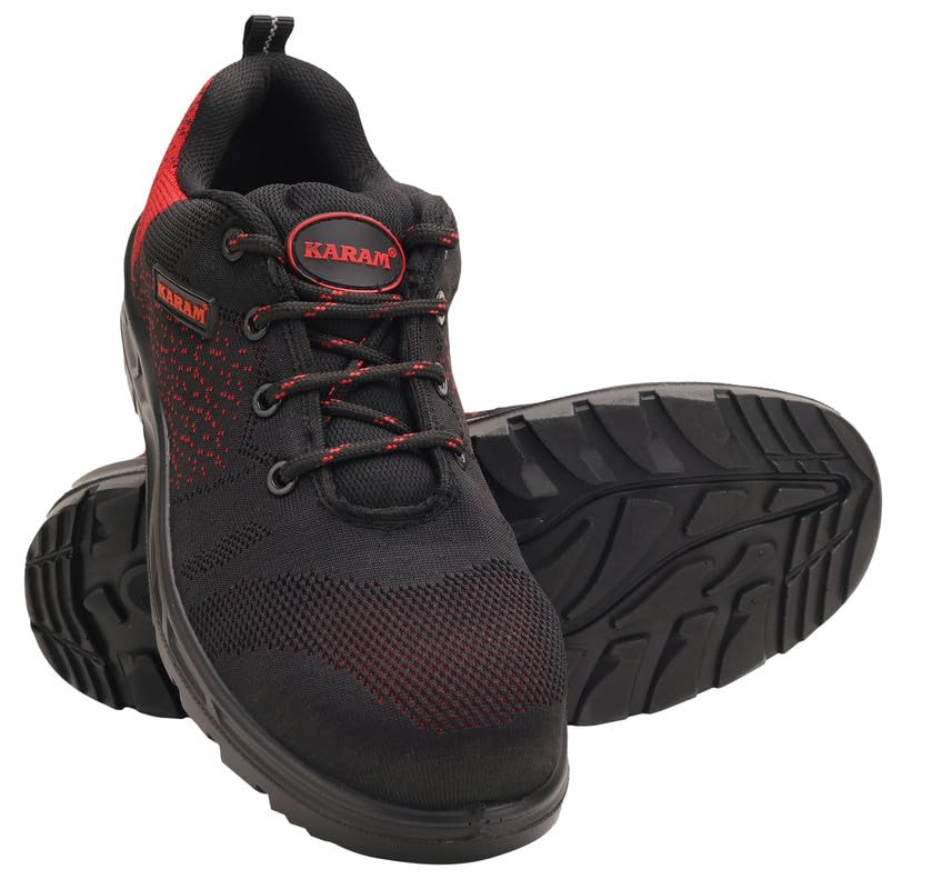 KARAM ISI Marked Flyknit Safety Shoe Excellent Grip, Comfort and Slip Resistance | Safety Shoes with Fibre Toe | Red & Black | FS215FN(FWSAMN)