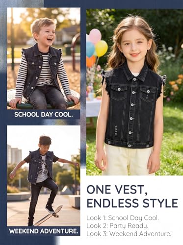 Image of Kids Biker Denim Vest Western Motorcycle Jean Jacket for Boys Girls 3-14Y