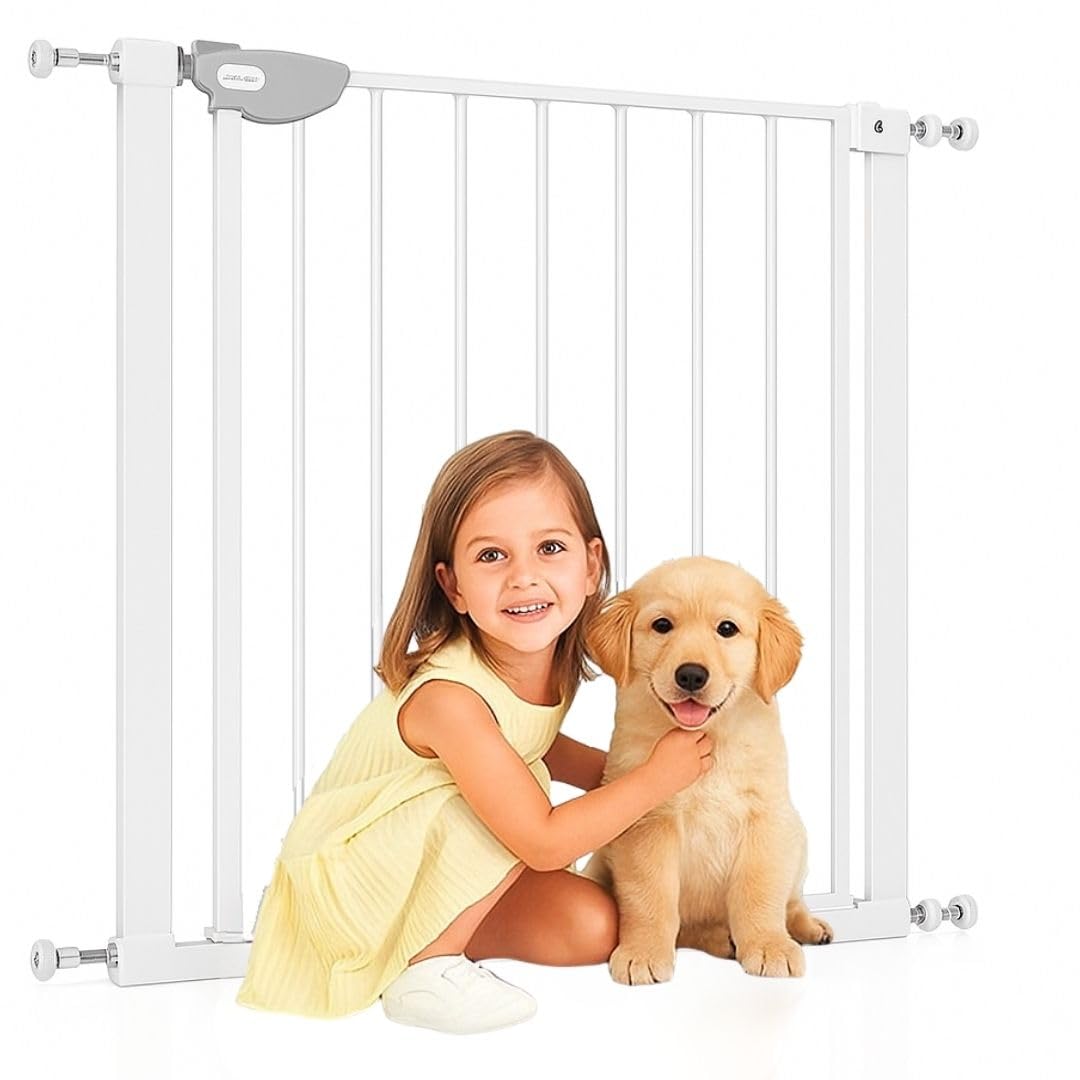 Barrera de Seguridad para Niños y Mascotas, 75-84cm, Blanca, Instalación Sin Tornillos, Sistema de Cierre Automático, Giro Bidireccional, para Puertas, Pasillos y Escaleras
