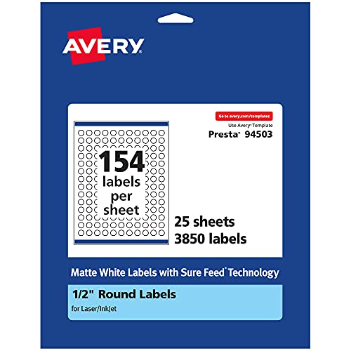 Avery Matte White Round Labels with Sure Feed, 1/2 Avery Matte White Round Labels with Sure Feed, 1/2