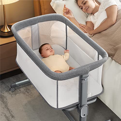 Image of BUBAVAN Bassinet, Bedside Bassinet for Baby, Portable Bedside Sleeper, Co Sleeper Bassinet with Wheels, Baby Bed Sleeper, Breathable Mesh Design, Quick Fold with Mosquito Net & Storage Bag