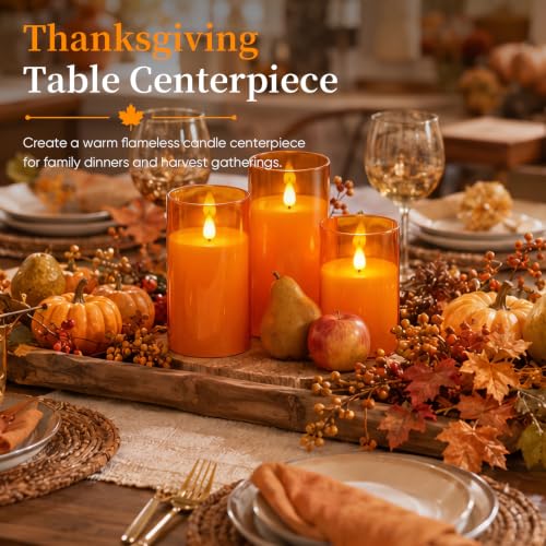 Image of Homemory Halloween Orange Flameless Candles, Acrylic, Remote Timer, 3 Pack | Flameless LED pillar candles, battery operated candles, D3 inchxH4 inch /5 inch /6 inch, remote timer, Halloween, fall decor, Thanksgiving