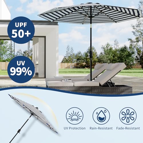 Patio Umbrella 9ft, Table Umbrella Outdoor Patio UV Protection with Crank Lift & Push Button Tilt, 8 Sturdy Ribs for Yard, Deck, Pool - Blue & White Stripe