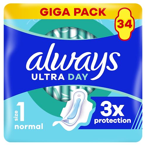 Always Ultra Day - Compresas sanitarias normales (tamaño 1) con alas 34 unidades, súper absorbentes y ultra finas, para el período