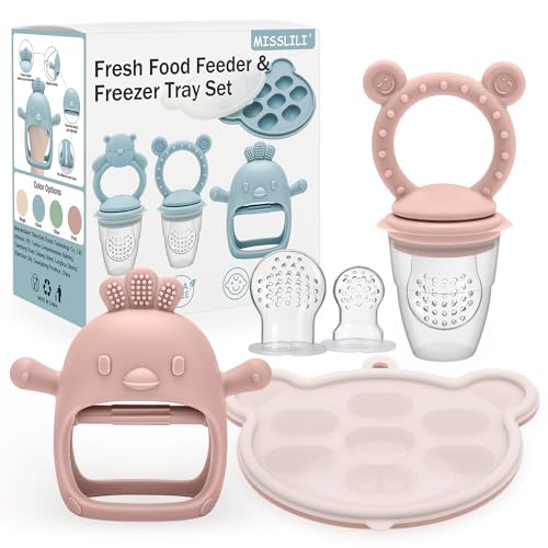 Image of MISSLILI Baby Silicone Fruit Food Feeder Pacifier & Breastmilk Popsicle Freezer Molds,BPA Free Baby Food Storage Containers Frozen Ice Tray for Baby Feeding Safely, Infant Fruit Teething Toy (Pink)