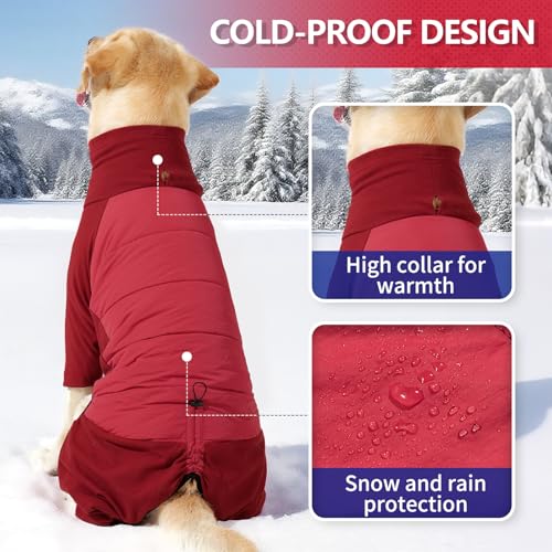 Image of BRKURLEG Full Body Dog Winter Coat Warm Fleece Pullover Pajamas, Four Legs Covered Windproof Dog Jacket for Small to Large Dogs, Turtleneck Dogs Snowsuit, Pet Cold Weather Clothes, Red XXXL